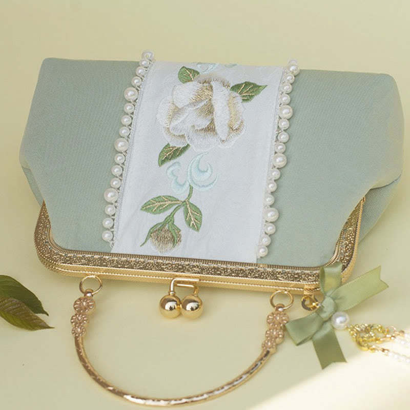 Double-sided Flowers Embroidery Pearl Pendant Metal Chain Crossbody Bag Handbags