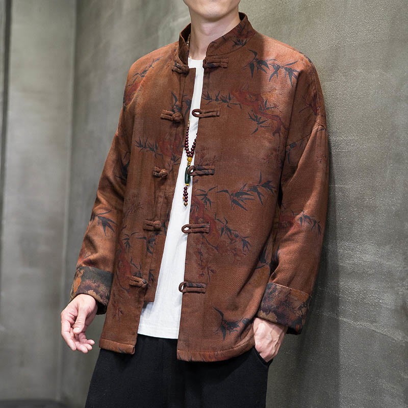 Frog-Button Chinese Tang Suit Long Shirt Cotton Men Jacket Clothing