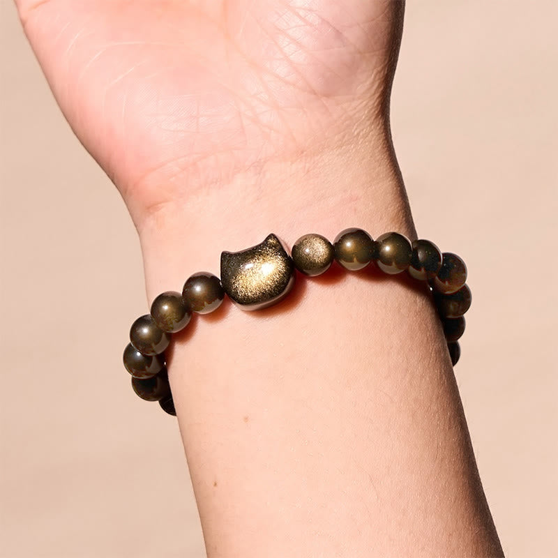 Gold Sheen Obsidian Silver Sheen Obsidian Lovely Paw Lucky Cat Protection Bracelet