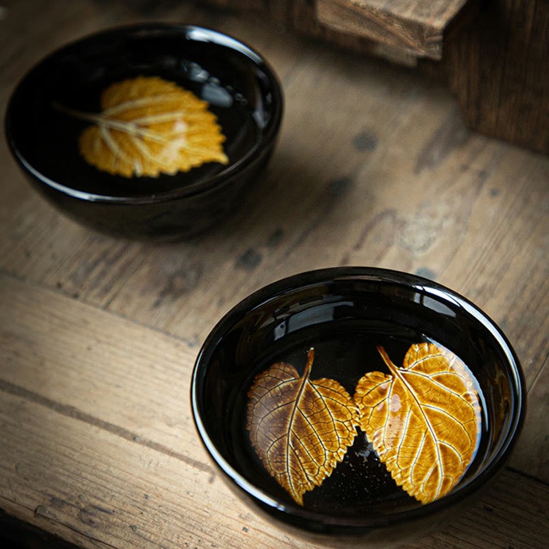 Gold Maple Leaf Chinese Jianzhan Ceramic Teacup Tenmoku Kung Fu Tea Cup Bowl