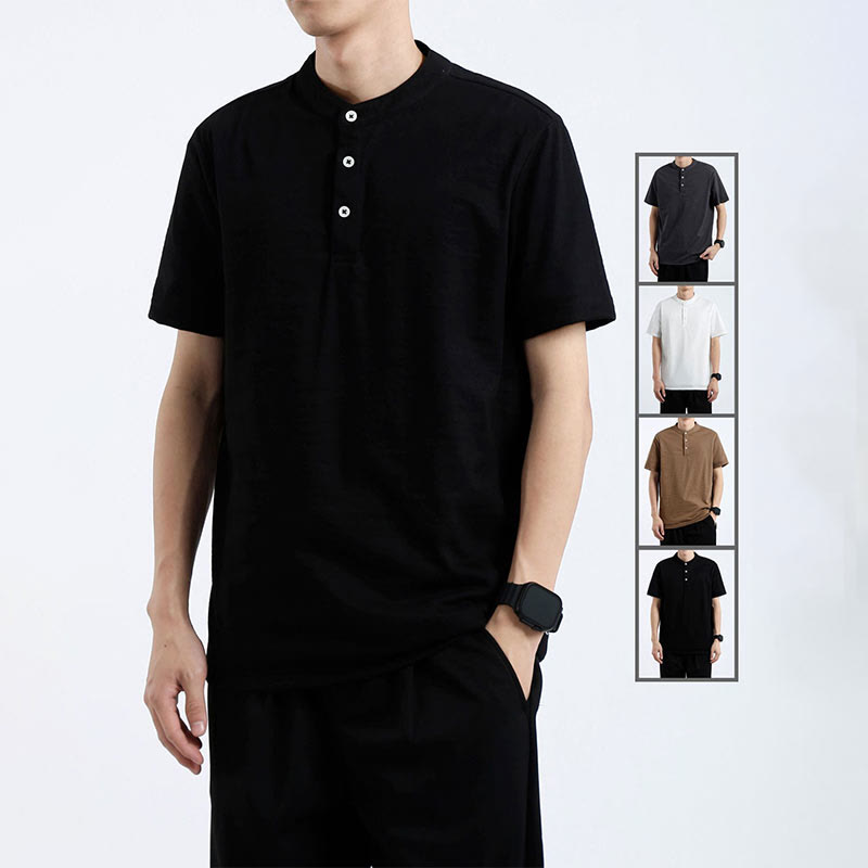 Summer Short Sleeve Half Button Shirt Cotton Linen Men Clothing
