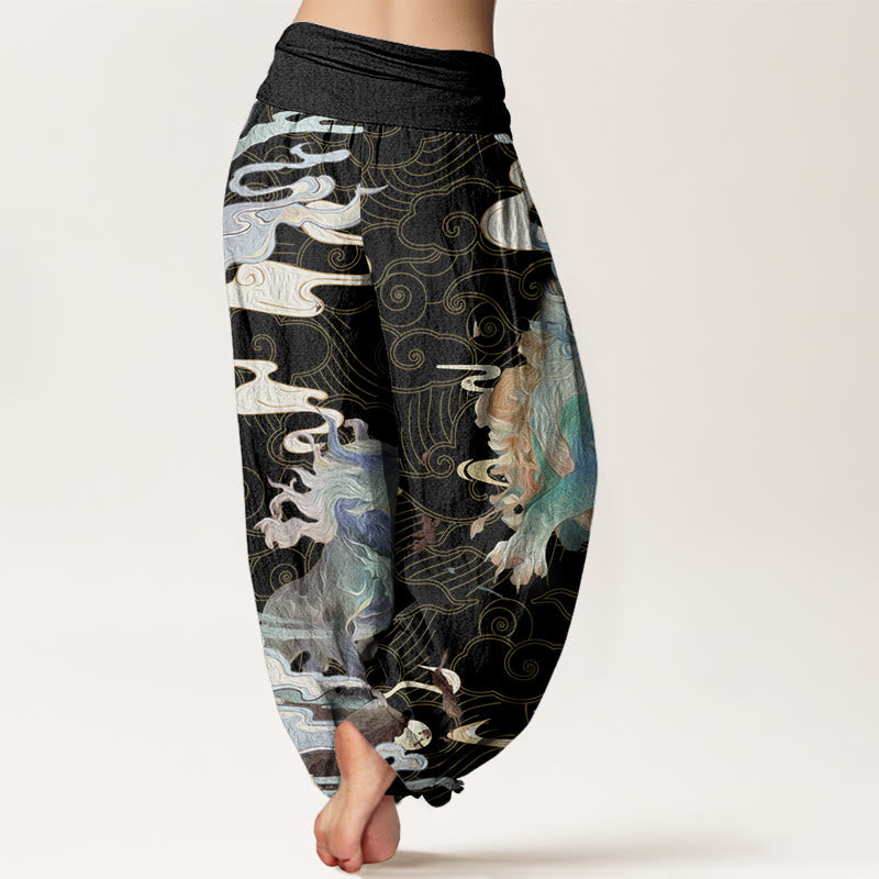 PiXiu Auspicious Clouds Pattern Women's Elastic Waist Harem Pants