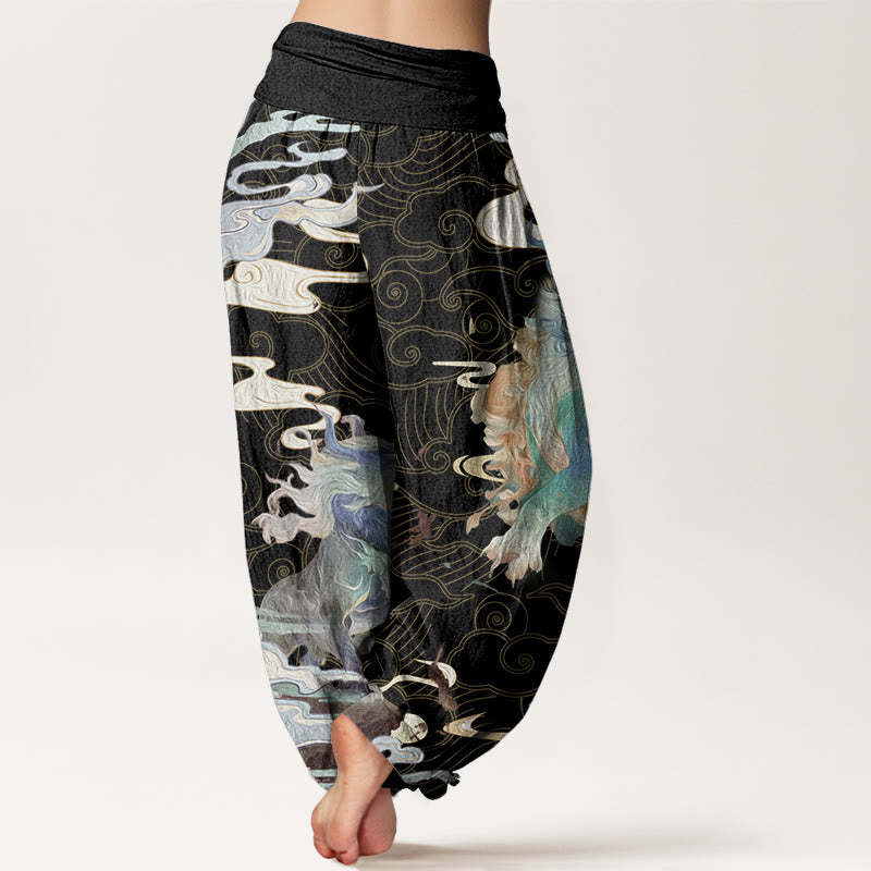 PiXiu Auspicious Clouds Pattern Women's Elastic Waist Harem Pants