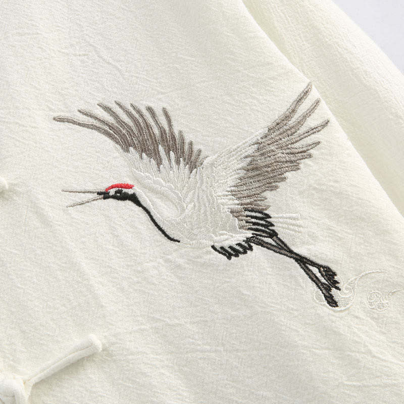 Chinese New Year Crane Embroidery Tang Suit Hanfu Long Sleeve Top Pants Clothing  Cotton Linen Men's Set With Pockets