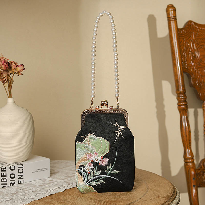 Mountain Stone Orchid Pattern Pearl Chain Crossbody Bag Handbag
