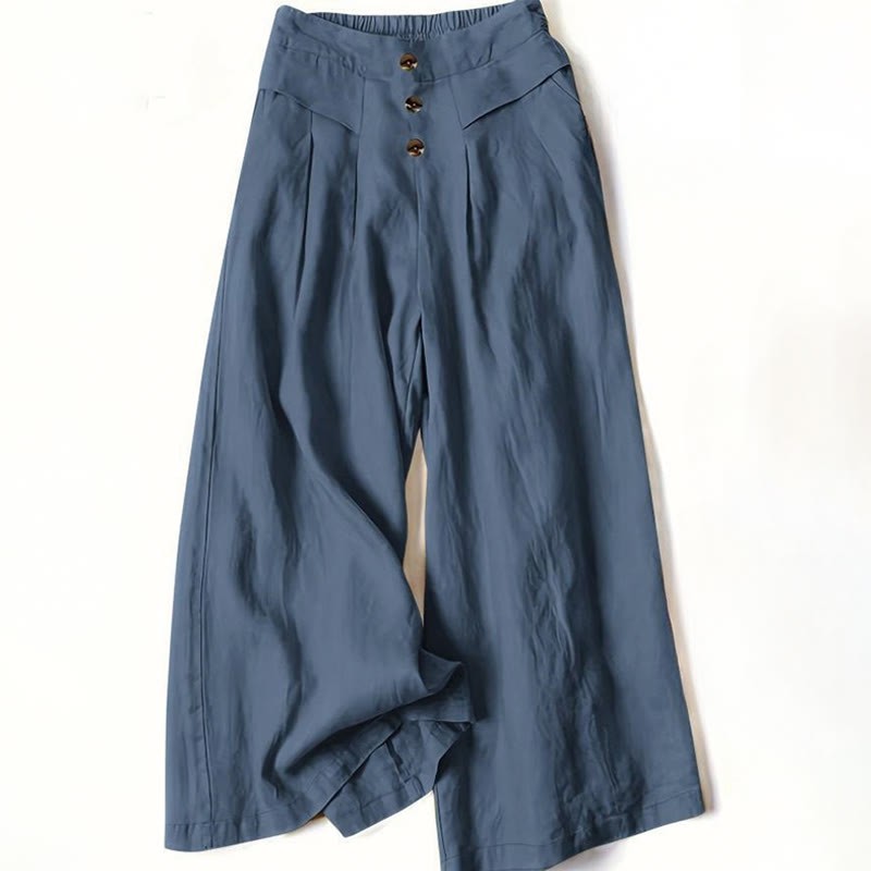 Retro Casual High Waist Cotton Linen Women's Wide Leg Pants With Pockets