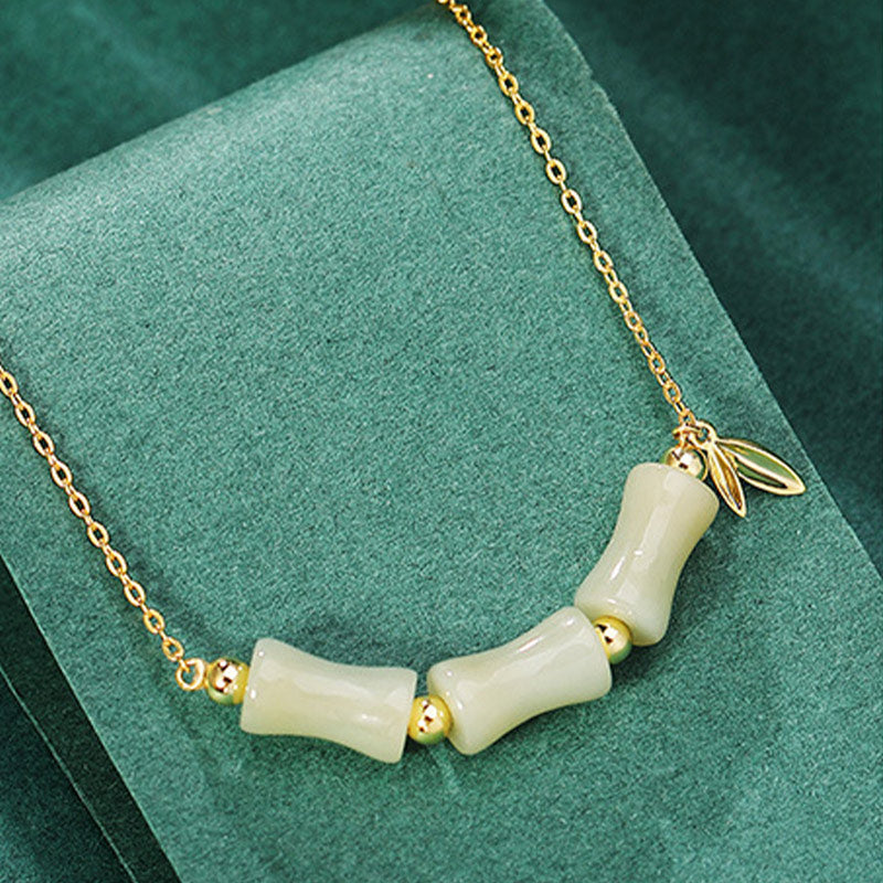 925 Sterling Silver Hetian Jade Bamboo Fu Character Prosperity Necklace Pendant Bracelet