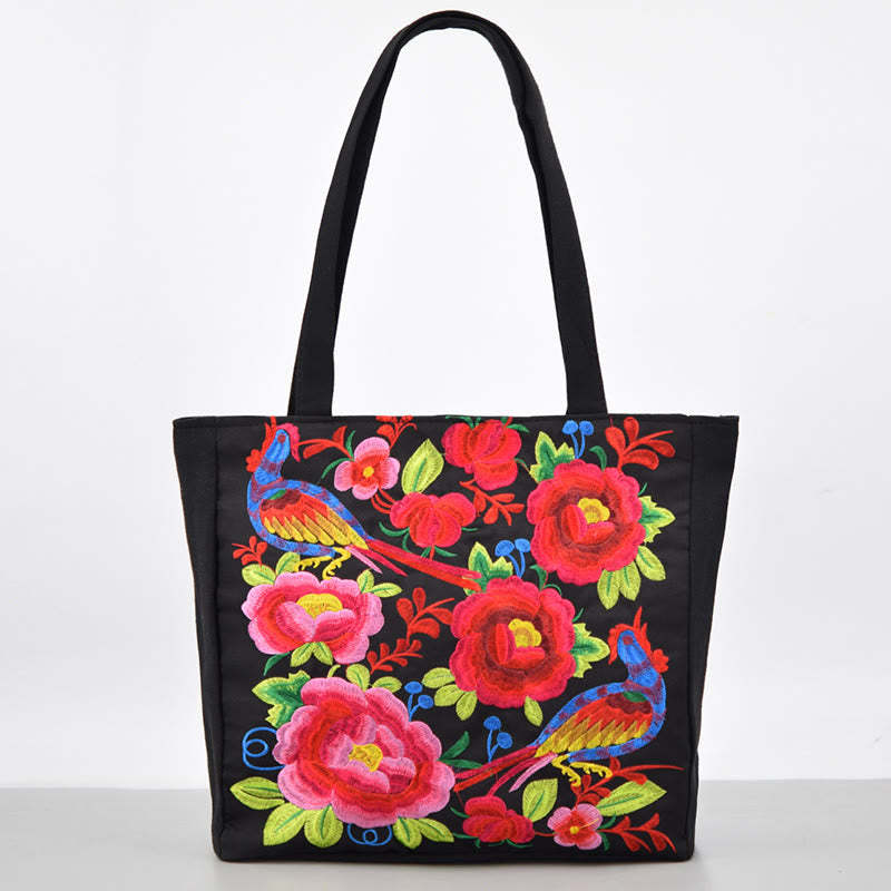 Galsang Magpie Peony Camellia Chrysanthemum Embroidery Canvas Shopping Purse Handbag Shoulder Bag
