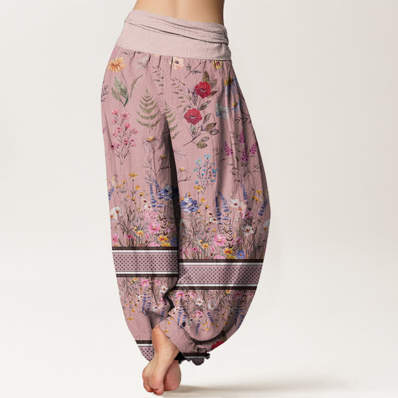Multicolored Flowers Butterflies Design Women's Elastic Waist Harem Pants