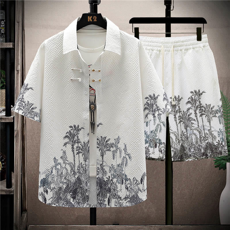 Landscape Coconut Trees Magpie Pattern Short Sleeve Shorts Men's Set