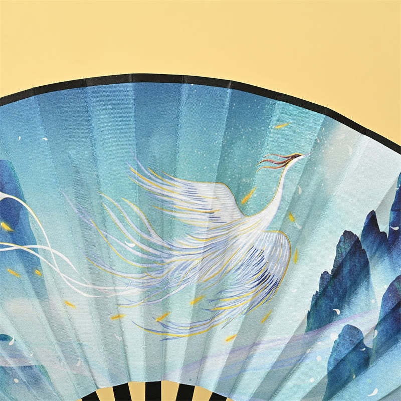 Vintage Phoenix Nine-Tailed Fox Flower Bamboo Tiger Handheld Folding Fan Lotus Tassel Fan