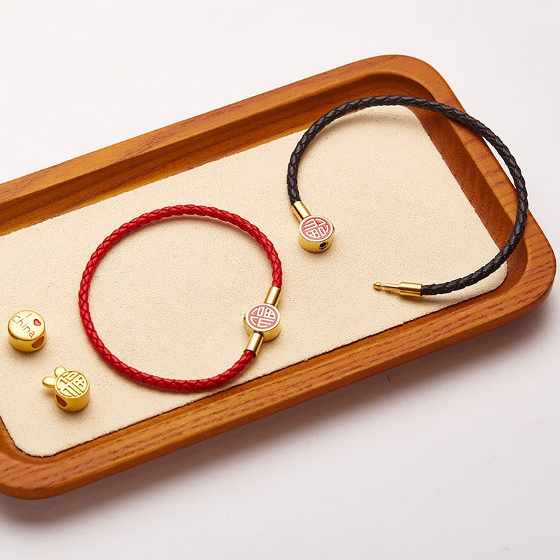Fu Character Blessing Fortune Leather Buckle Bracelet