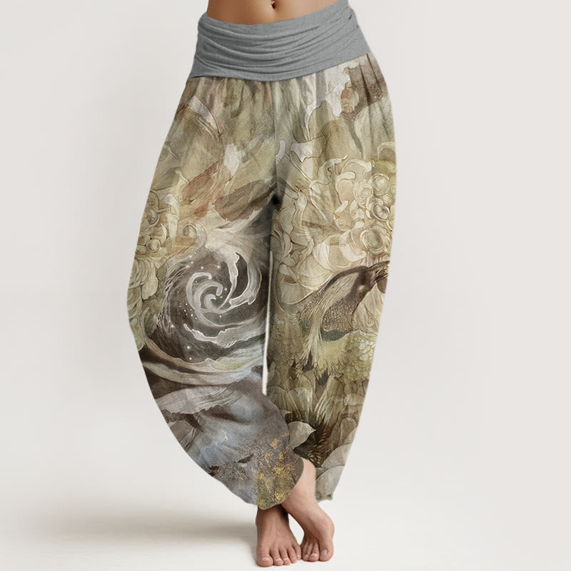 Phoenix Lotus Pattern Women's Elastic Waist Harem Pants