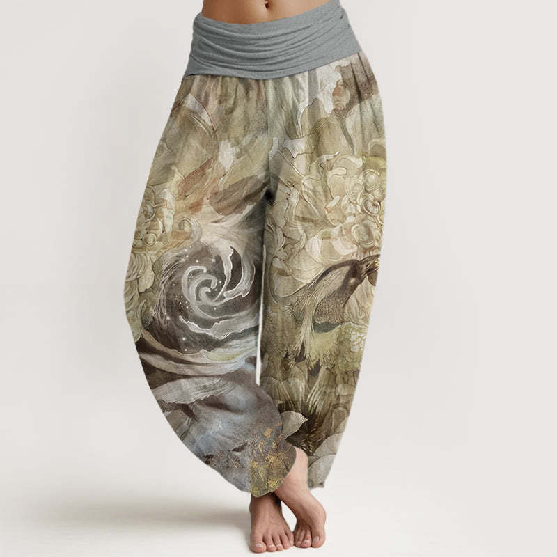 Phoenix Lotus Pattern Women's Elastic Waist Harem Pants