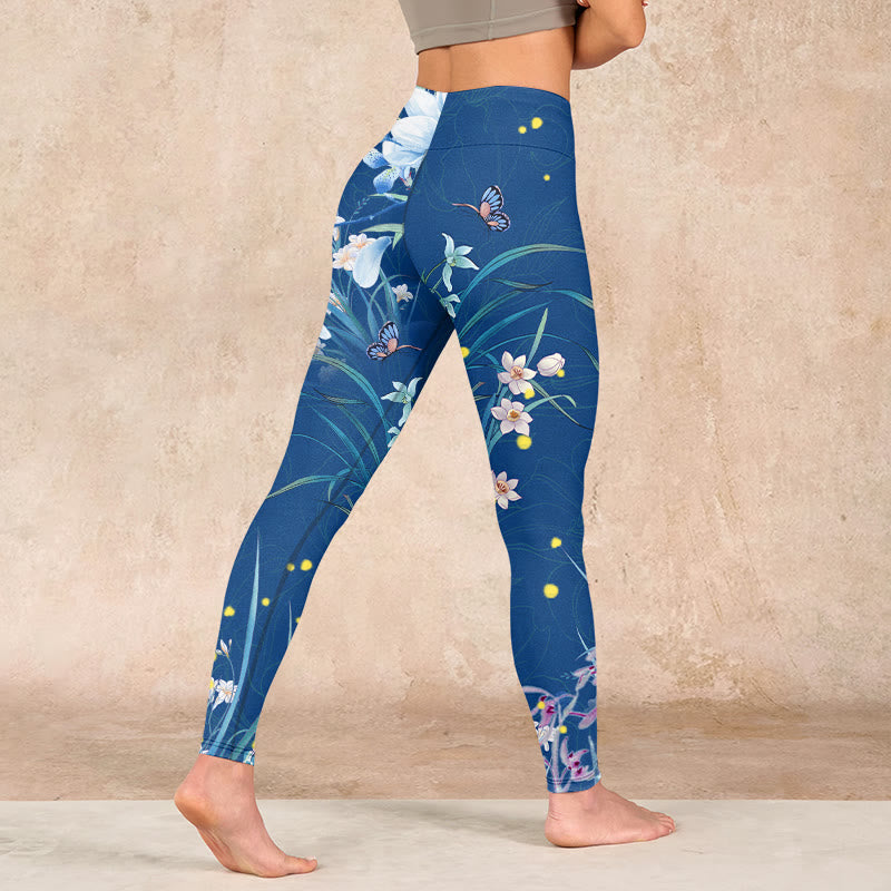 SteelBlue Small White Flowers Butterfly Exercise Leggings Women's Yoga Pants