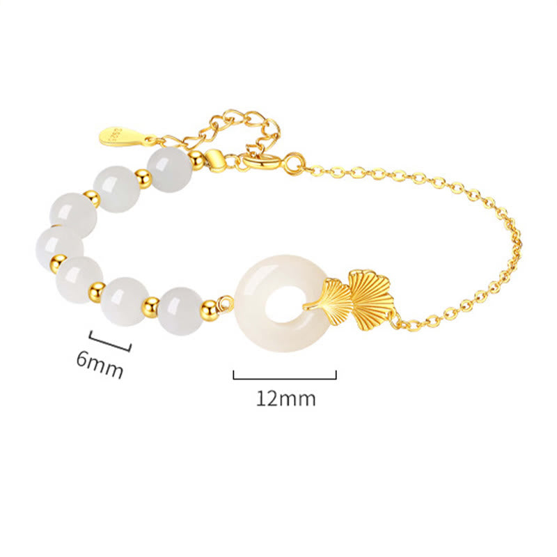 925 Sterling Silver Hetian White Jade Peace Buckle Ginkgo Leaf Luck Bracelet