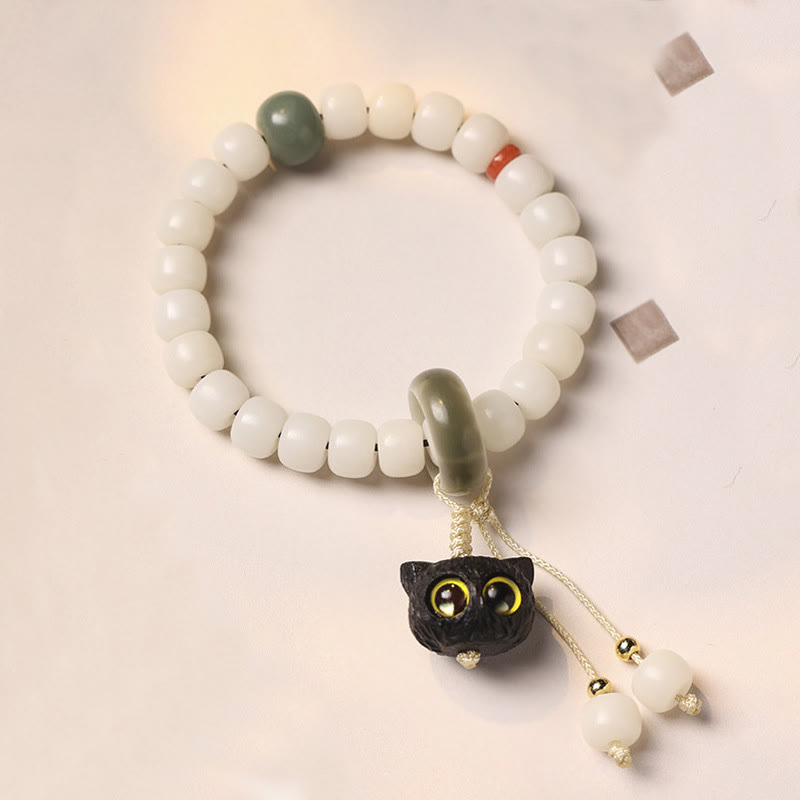 Natural Bodhi Seed African Blackwood Lovely Cat Charm Peace Harmony Bracelet