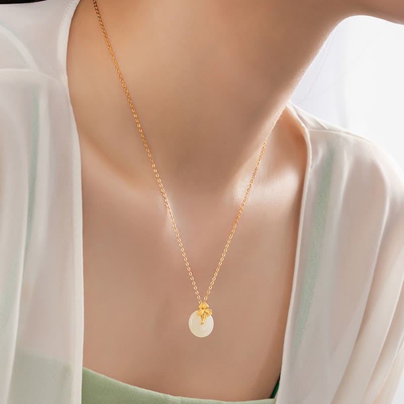 925 Sterling Silver Hetian Jade Ginkgo Leaves Prosperity Necklace Pendant