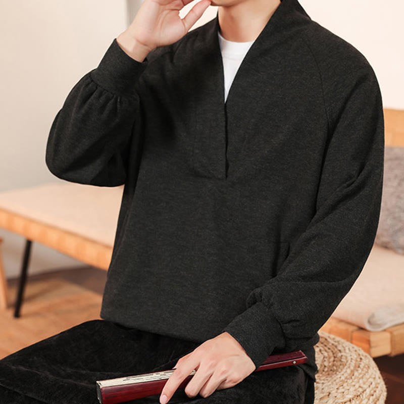 Fall Simple V-Neck Men's Sweatshirt Cotton Pullover With Pockets