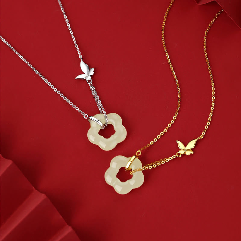925 Sterling Silver Butterfly Hetian Jade Flower Blessing Necklace Pendant