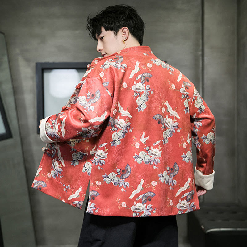 Chinese New Year Clothes Flowers Fan Birds Frog-button Tang Suit Cotton Men's Jacket Shirt With Pockets