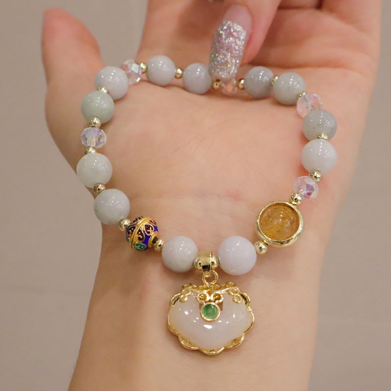 Strawberry Quartz Green Crystal Amethyst Healing Chinese Lock Charm Bracelet