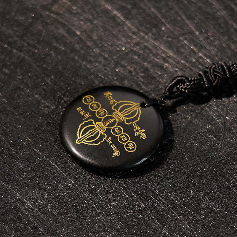 Vajra Dorje Sanskrit Pattern Natural Various Crystal Black Obsidian Fulfilment Necklace Pendant