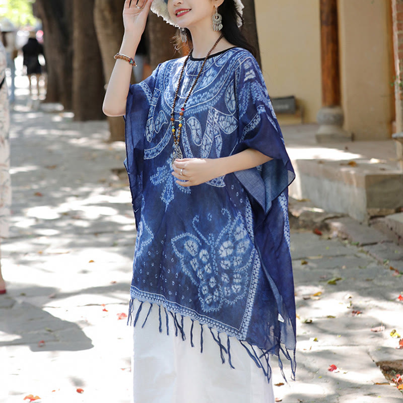 Blue Butterfly Indigo Dyeing Shawl Tassels Cozy Travel Pullover 90*95cm