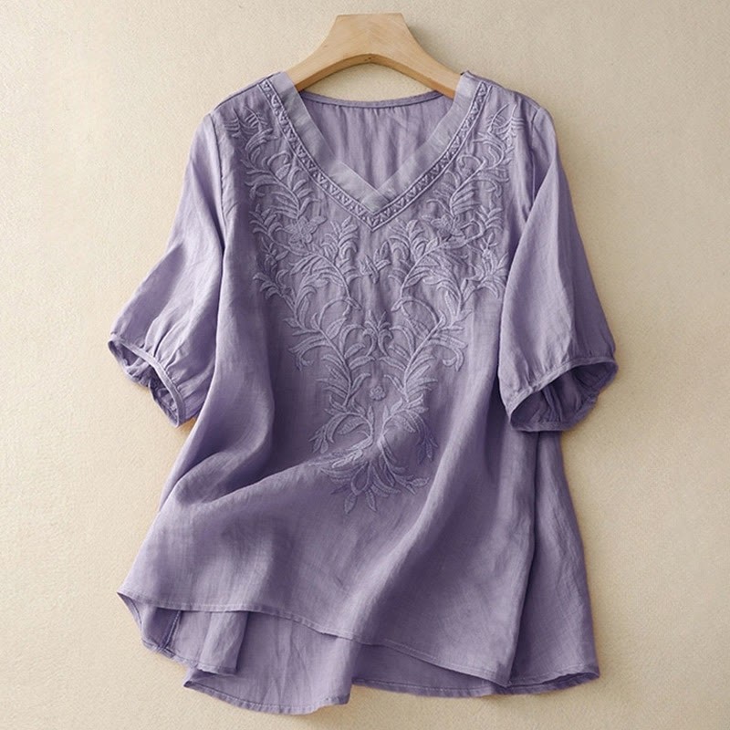 Vintage Casual Pure Leaf Embroidery V-Neck Half Sleeve Cotton Linen Women's T-Shirt