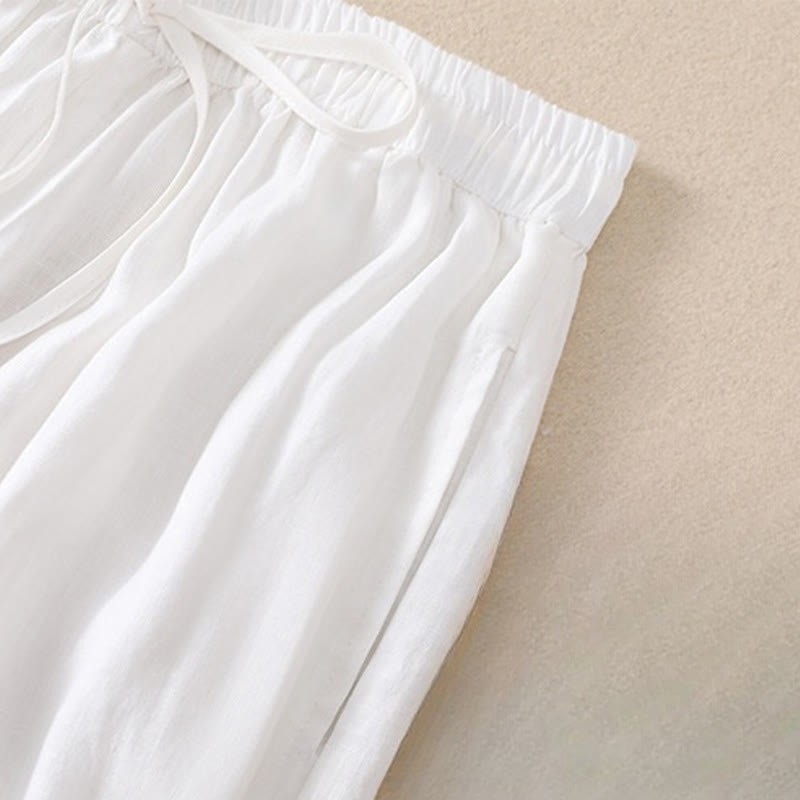 Pure Color Drawstring Frog-Button Cotton Linen Women's Harem Pants With Pockets