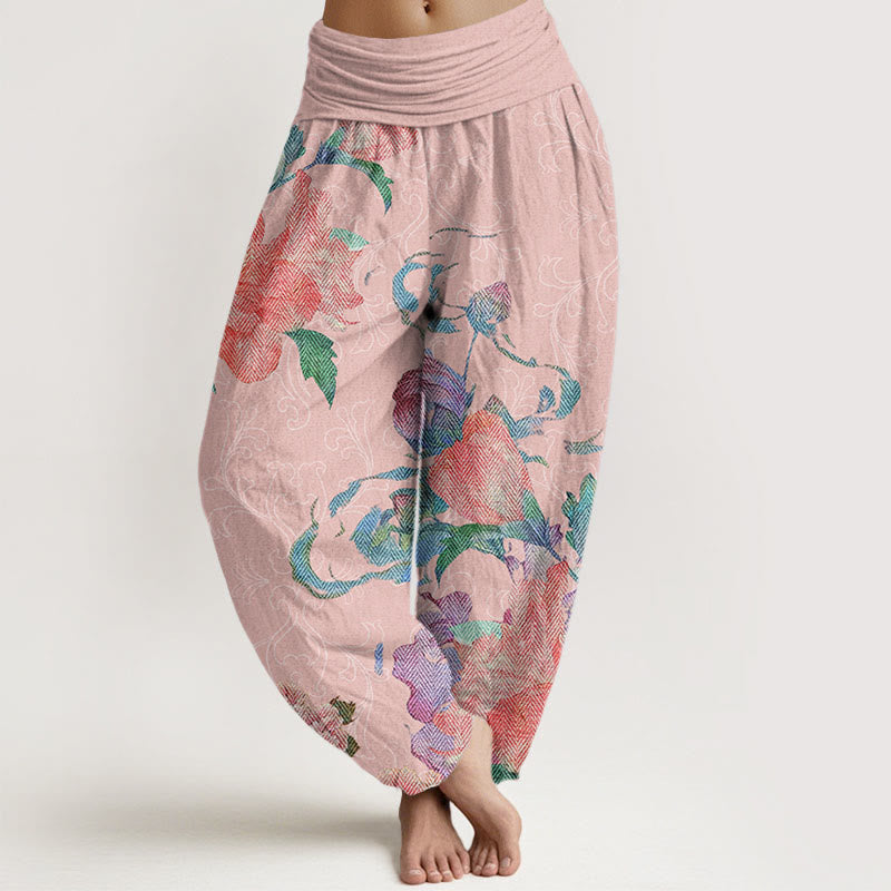 Casual Bright Peony Flower Grass Women's Elastic Waist Harem Pants