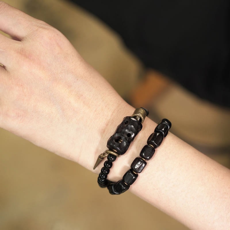 Ebony Wood Black Obsidian Copper Brass Peace Double Wrap Bracelet