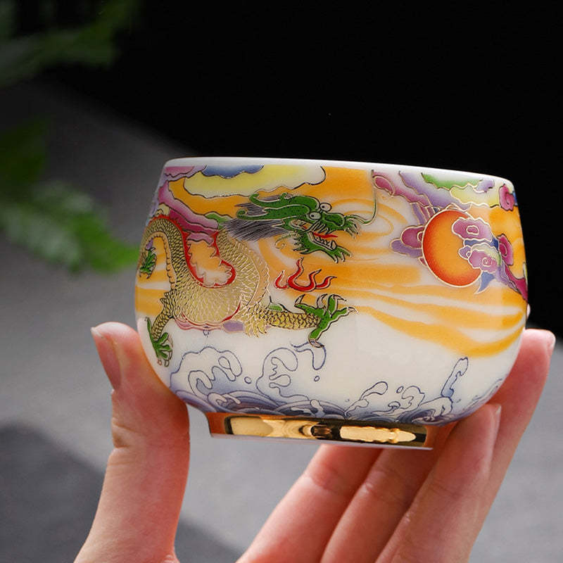 Dragon Phoenix Auspicious Clouds Sun Ocean Waves Ceramic Teacup Kung Fu Tea Cup