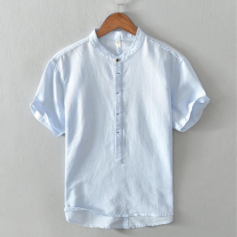 Causal Simple Design Short Sleeve Cotton Linen Half Button Men's Shirt