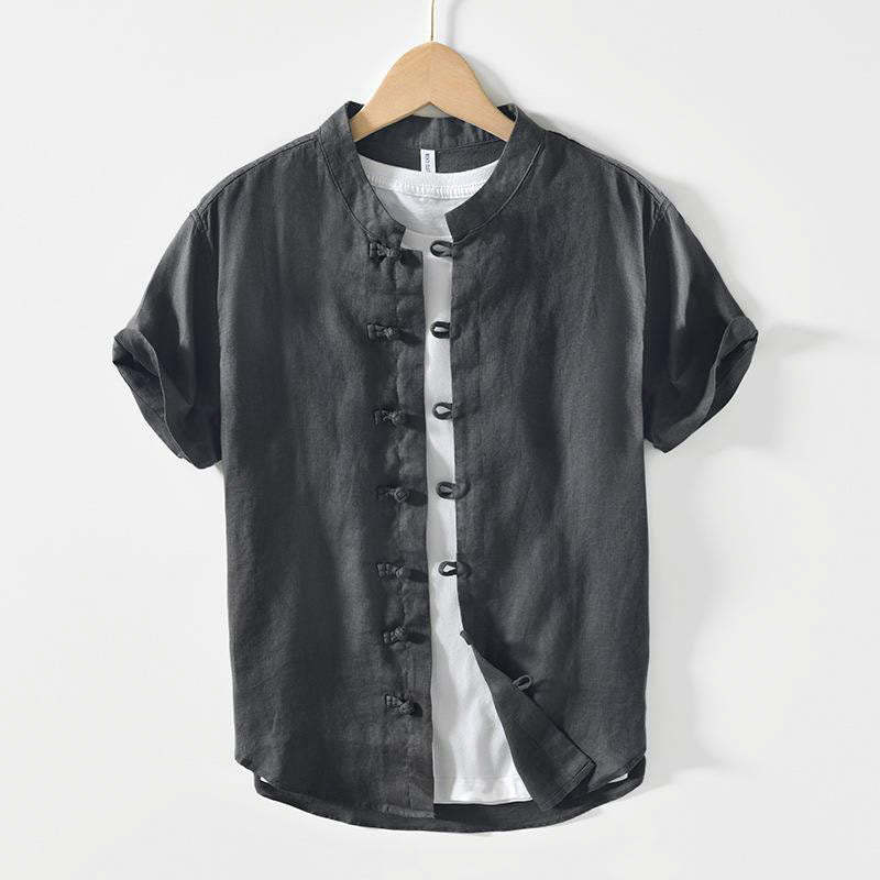 Daily Frog-Button Stand Collar Short Sleeve Linen Men's Shirt