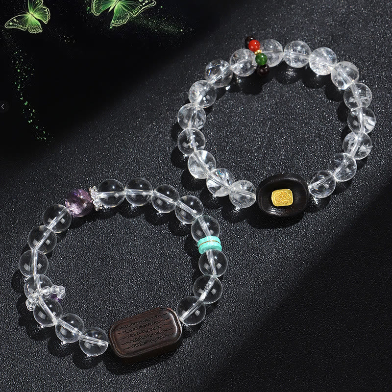 White Crystal Ebony Wood Sak Yant Zashi Lhamo Healing Bracelet