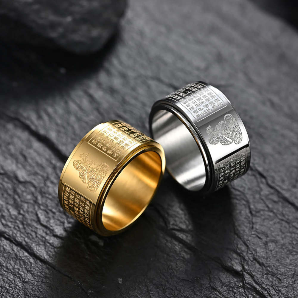 Chinese Zodiac Natal mystic zen Heart Sutra Carved Titanium Steel Calm Rotatable Ring