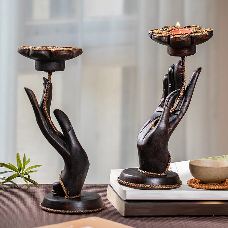 Hand Pattern Wood Candlestick Home Candle Holder Decoration
