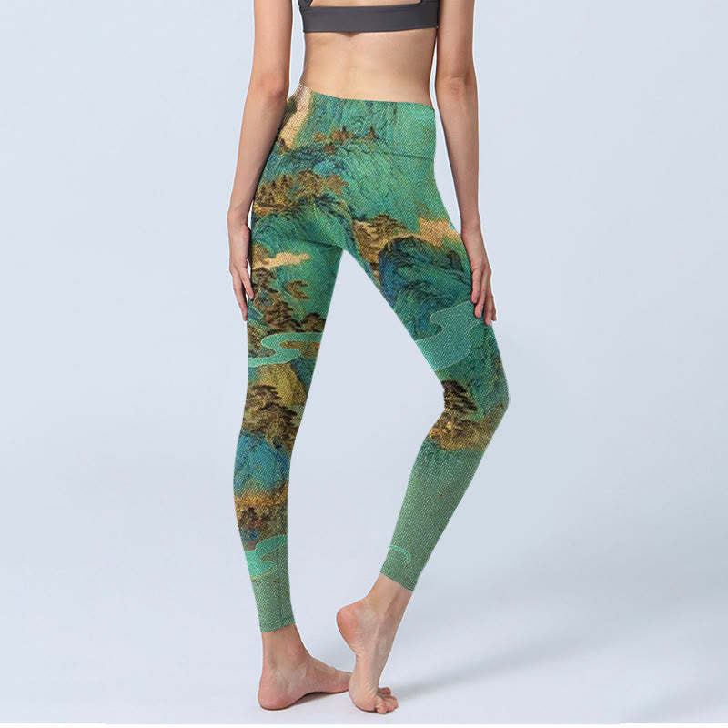 Chinese Style Green Mountains Landscape Print Lycra Fabric Fitness Leggings Women's Yoga Pants