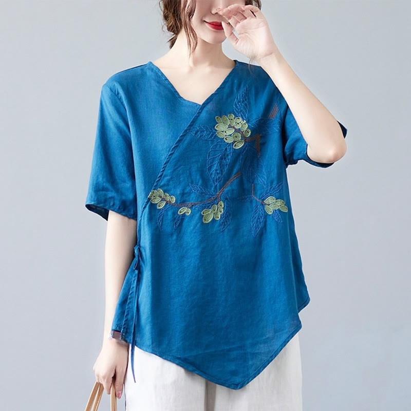 Summer Casual Ethnic Embroidery Flower Lace-up Short Sleeve V-neck Cotton Linen Women's T-Shirt