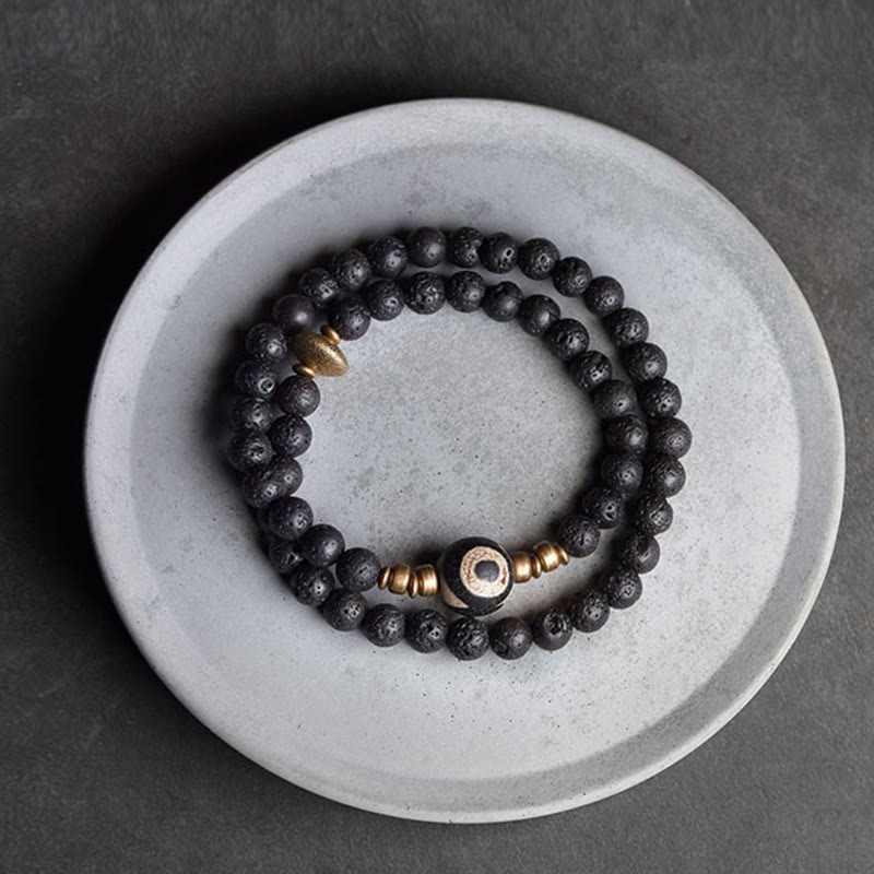 Vintage Lava Rock Three-eyed Dzi Bead Copper Brass Beads Double Wrap Healing Bracelet