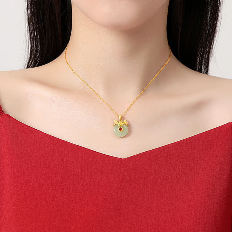925 Sterling Silver Hetian Jade Chinese Zodiac Year of the Dragon Red Agate Luck Protection Necklace Pendant (Extra 30% Off | USE CODE: FS30)