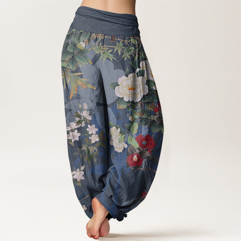 Casual Peony Flowers Leaves Magpie Women's Elastic Waist Harem Pants
