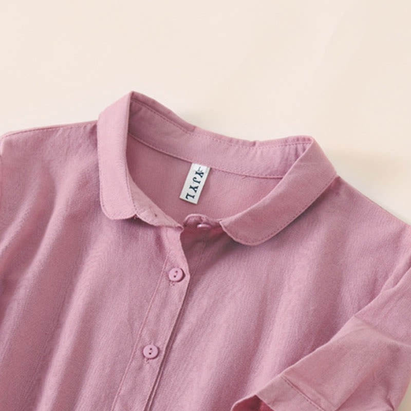 Summer Buttons Design Short Sleeve Cotton Linen Midi Dress With Pockets