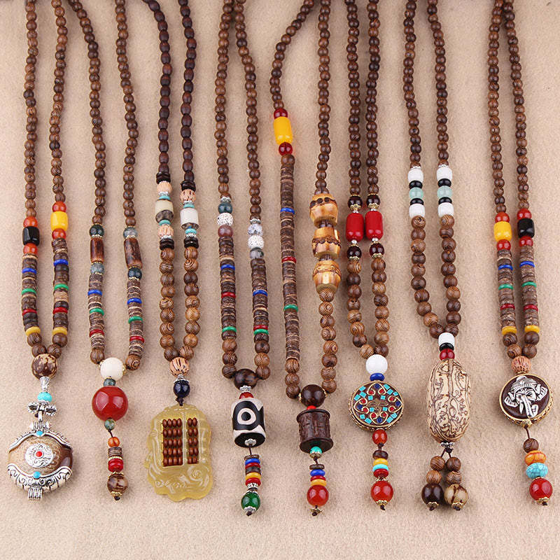 Tibetan Wenge Wood Bodhi Seed Agate Elephant Protection Necklace Pendant
