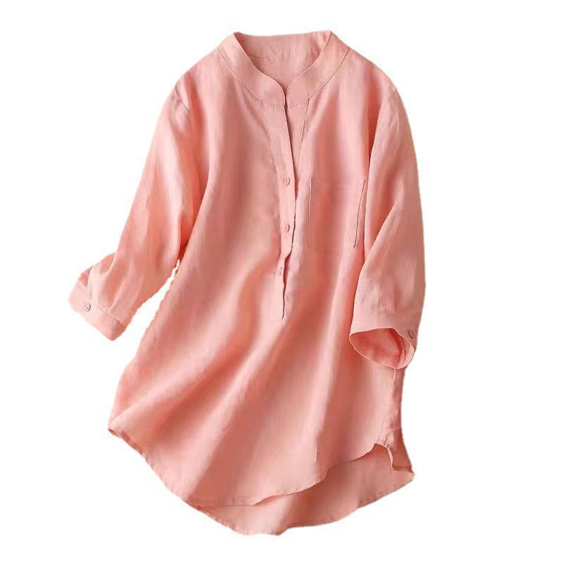 Casual Women's V-neck Three Quarter Sleeve Design Plain Cotton Linen Shirt