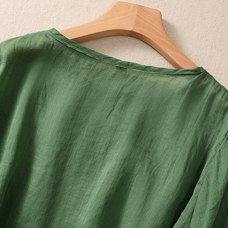 Artistic Plain Floral Embroidered Design Crew Neck Puff Half Sleeve Cotton Linen Women's T-Shirt