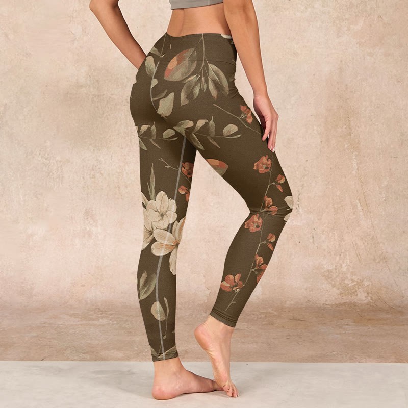 Purple White Flowers Leaves Blossom Print Gym Fitness Leggings Women's Yoga Pants