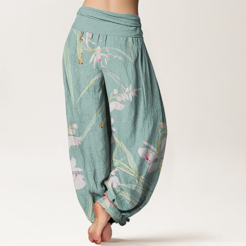 Weeds Plant Wilting Flowers Pattern Women's Elastic Waist Harem Pants