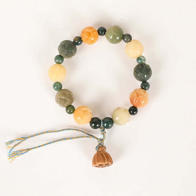 Bodhi Seed Lotus Bead Engraved Moss Agate Peace Calm Bracelet